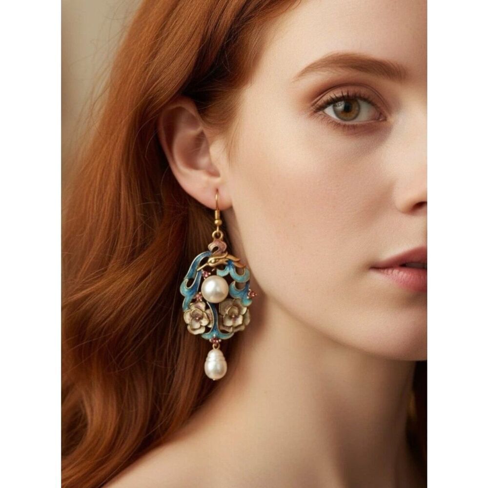 Pearl Tassel Earrings Animal Phoenix Traditional Cloisonne